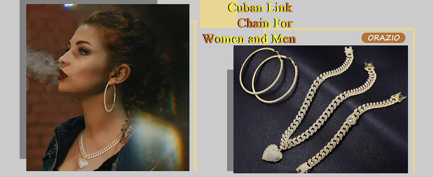 ORAZIO Cuban Link Chain Jewelry Set Cuban Chain Necklace Cuban Link Bracelet Rhinestone Hoop Earrings Gold/Silver Iced Out Chain Heart CZ Clear Cuban Link Chain Big Circle Earrings Hip Hop Cuban Link Chain For Women ORAZIO Cuban Link Chain Jewelry Set Cuban Chain Necklace Cuban Link Bracelet Rhinestone Hoop Earrings Gold/Silver Iced Out Chain Heart CZ Clear Cuban Link Chain Big Circle Earrings Hip Hop Cuban Link Chain For Women
