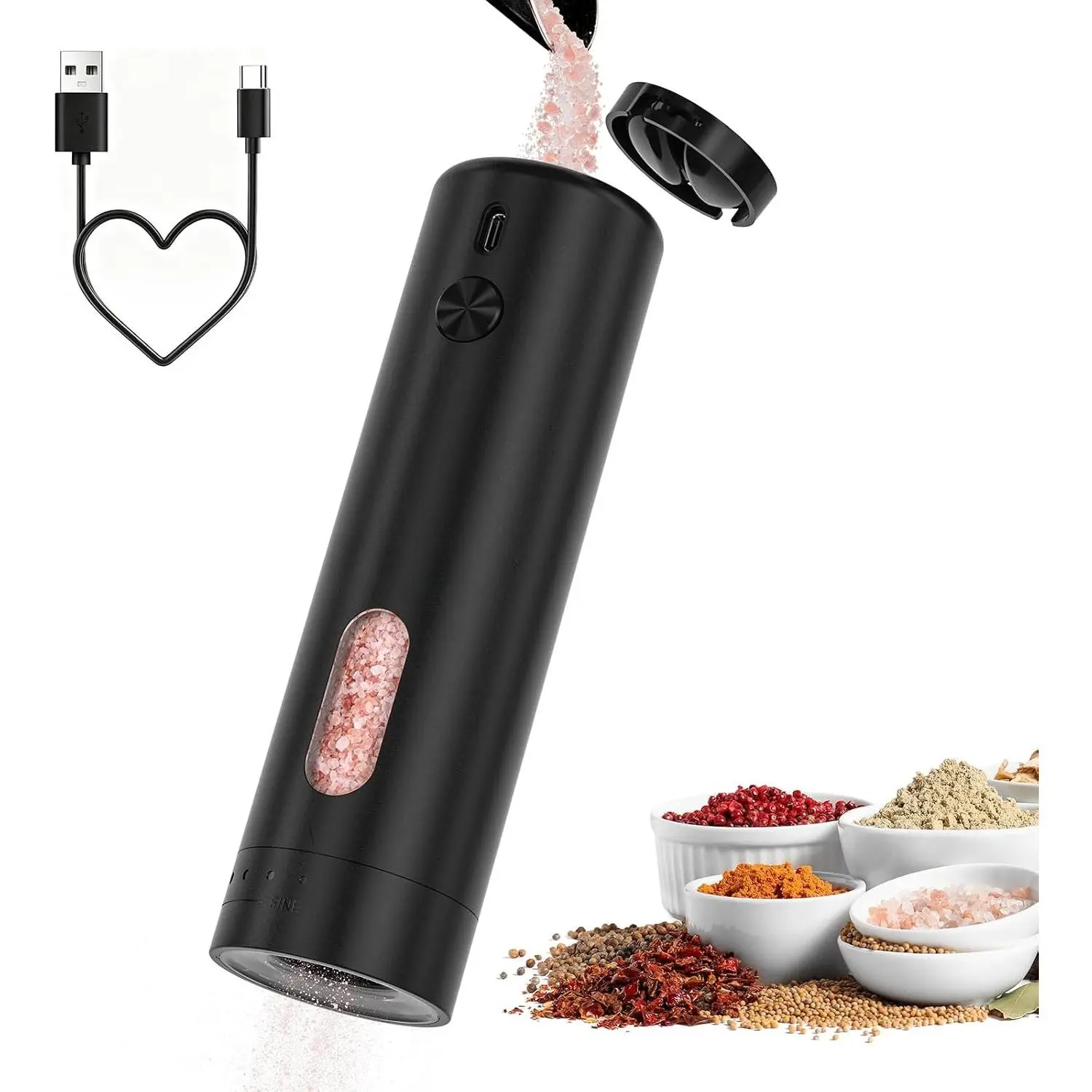 Black Ceramic Electric Salt and Pepper Shaker Set for Cooking Use, Type-C Rechargeable, 6-Level Adjustable Coarseness, LED Light, 110ML Large Transparent Specialty Kitchen Appliance