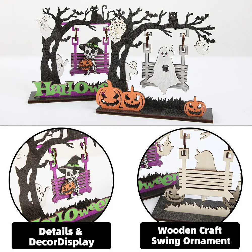 Halloween Decoration Ghost Pumpkin Wooden Centerpiece, Indoor Home Halloween Party Decor, Handmade Table Top Ornament for Trick-Or-Treat Parties