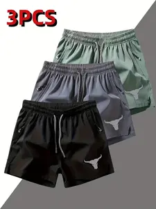 3-Pack Sport Shorts, Outdoor Casual, Bull Head Print, Lightweight Quick-Dry Fabric, Unisex, Slim-Fit, All-Season Wear