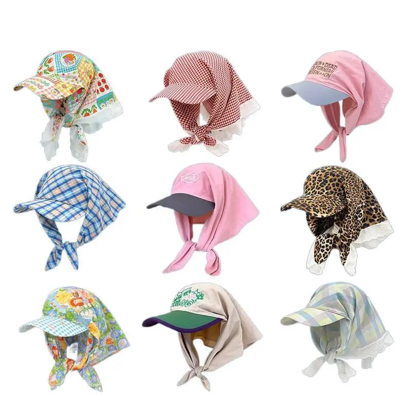 Korean Farmhouse Style Tie Bandana Headscarf Hat for Women, Summer UV Protection Flap Baseball Cap, Plaid Floral Neck Cover Sun Hat, Lightweight Outdoor Visor Cap for Travel & Daily Wear, Accessories For Women, Headbands For Women