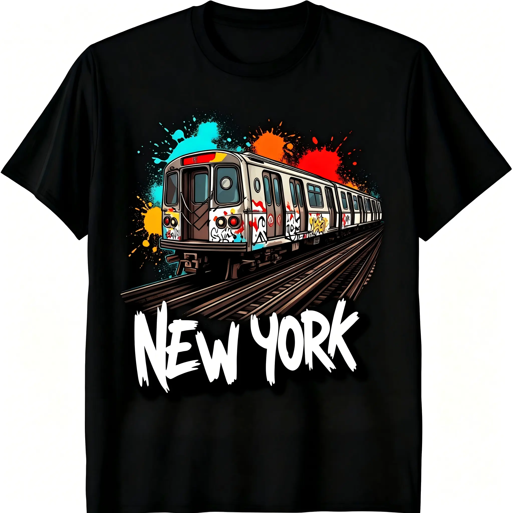 Men's & Women's NYC Graffiti Subway Train Street Art Tshirt - Color Splash Urban Graphic, Soft Breathable Cotton Round Neck Shortsleeve Top, All-Season Casual Street Style, NYC Souvenir Streetwear Gift, Machine Washable, Classic, Fabric, Print, Unisex, Co