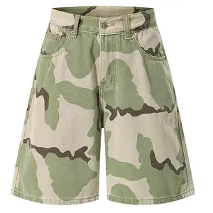 New Arrival Summer Vintage Light Tone Full Camo Print Contrast Stitch Multi Pocket Denim Bermuda Shorts, Men High Waist Straight Tailoring Knee Length Trendy Casual Work Shorts For Daily Street Camping Wear # jean shorts men # men's shorts summer