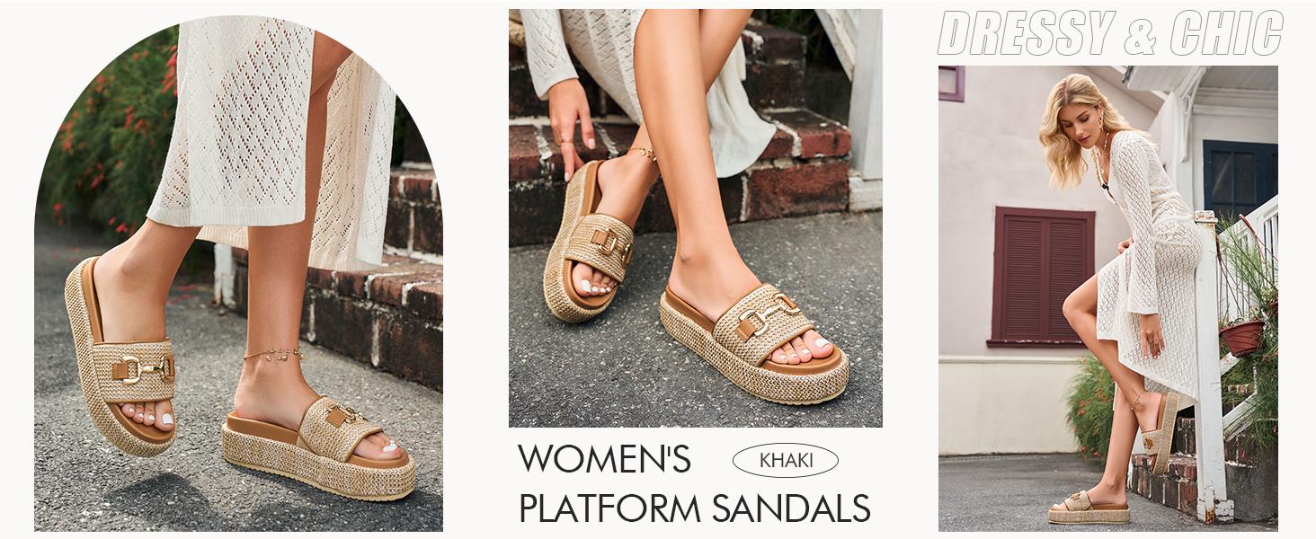 Coutgo Womens Platform Sandals Raffia Espadrilles Metal Chain Slip on Open Toe Cute Beach Slide Sandals
