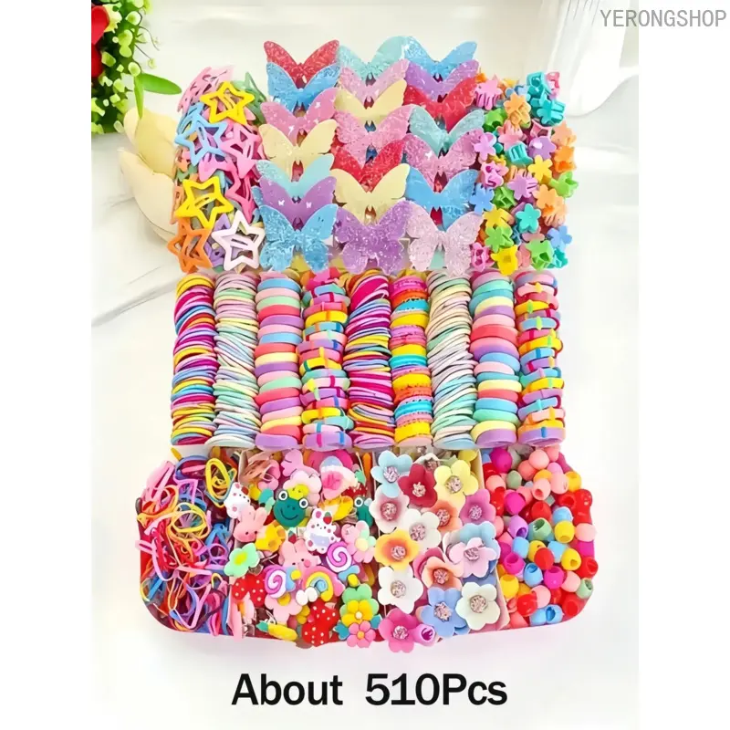 510 pcs/set Pink Butterfly Princess Hair Accessories Set, including high-elastic hair ties that do not damage hair, small rubber bands, star clips, flower clips, small claw clips, suitable for creative everyday hairstyles