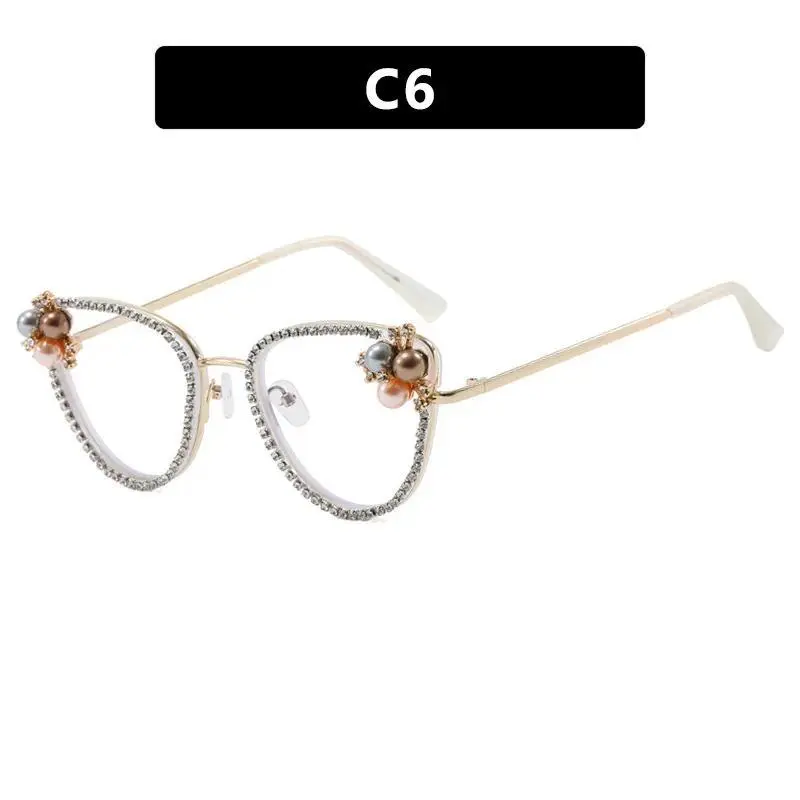 Triangle Cat Eye Anti Blue Light Glasses Diamond Inlaid Flat Light Glasses Imitation Diamond Pearl Retro Eyeglass Frame