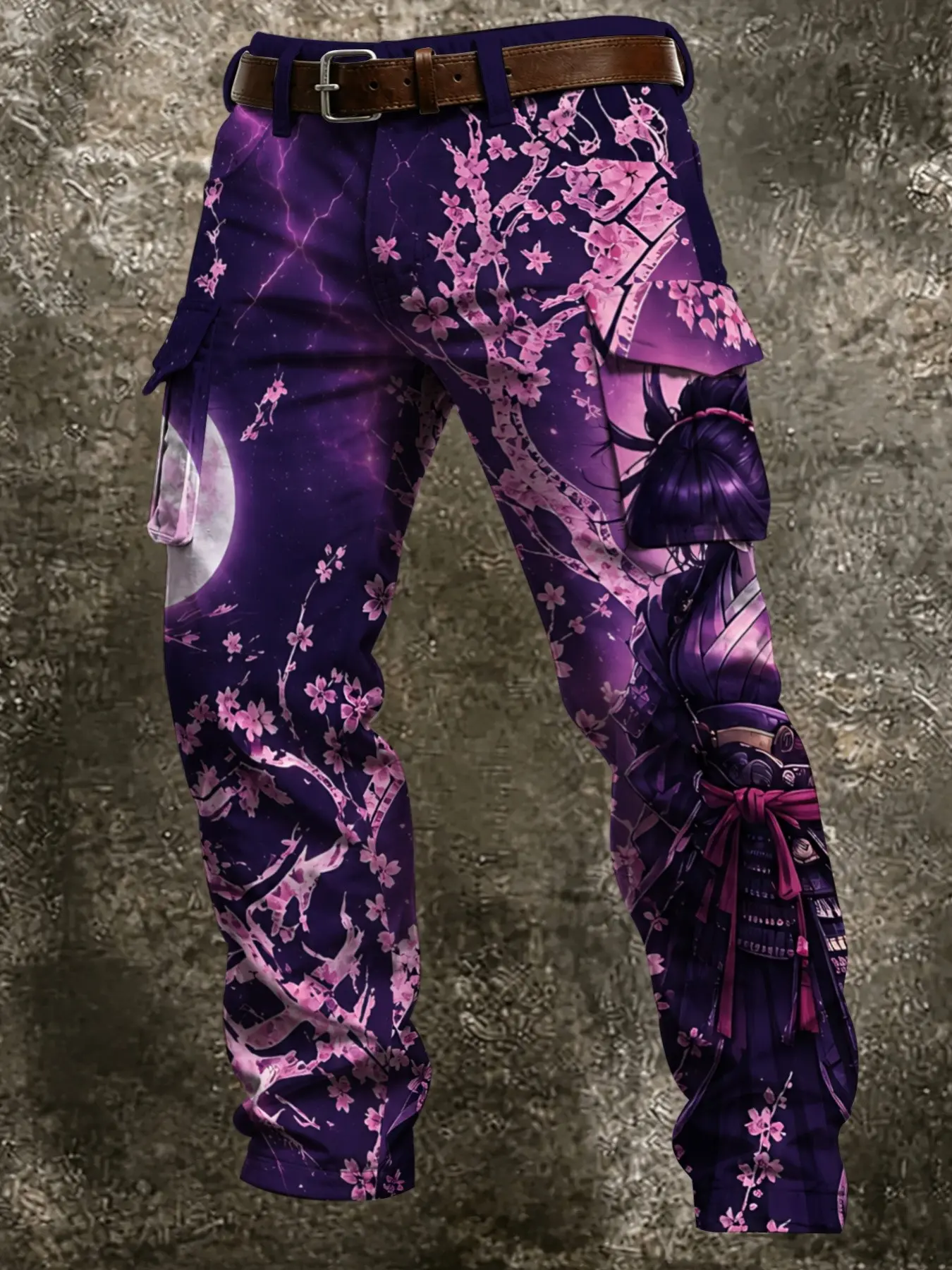 Japanese Moonlit Samurai Theme Work Pants, Full Cherry Blossom Design, Multiple Pockets, Loose Fit, Casual Long Pants for Fall & Winter, Graphic Pants