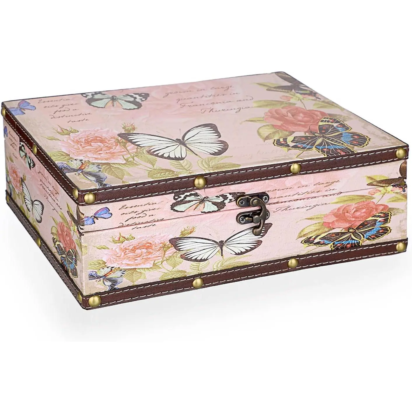 Butterfly Treasure Chest Box, Wooden + PU Leather Storage Decorative Box for Jewelry Trinkets Photos, Rectangular Keepsakes box for Girls Women Gifts