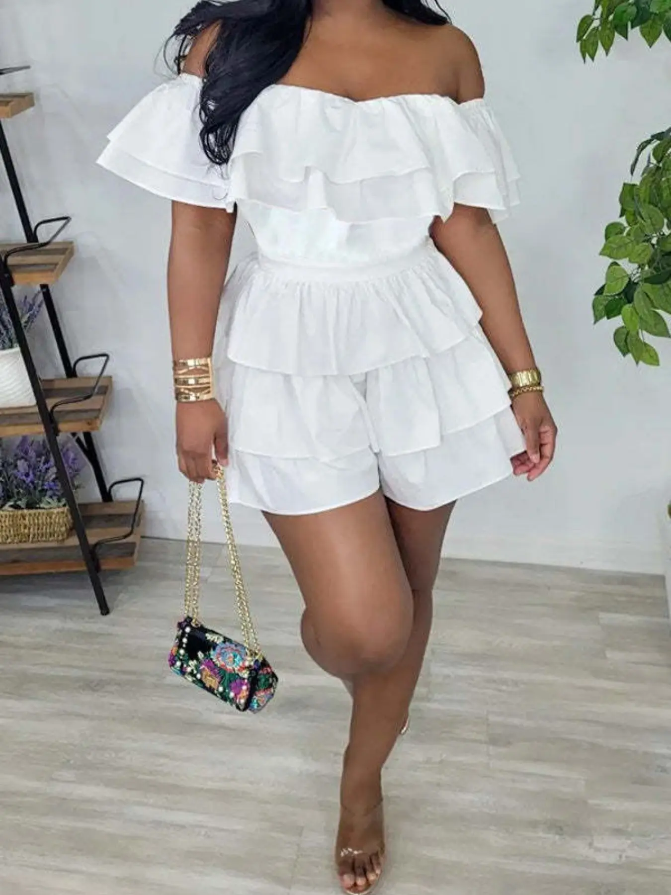 European and American Fashion Summer New Basic Multi-Layer Ruffle One-Shoulder Pure Date Atmosphere Elegant Chic Baggy Romper, Trendy and Stylish