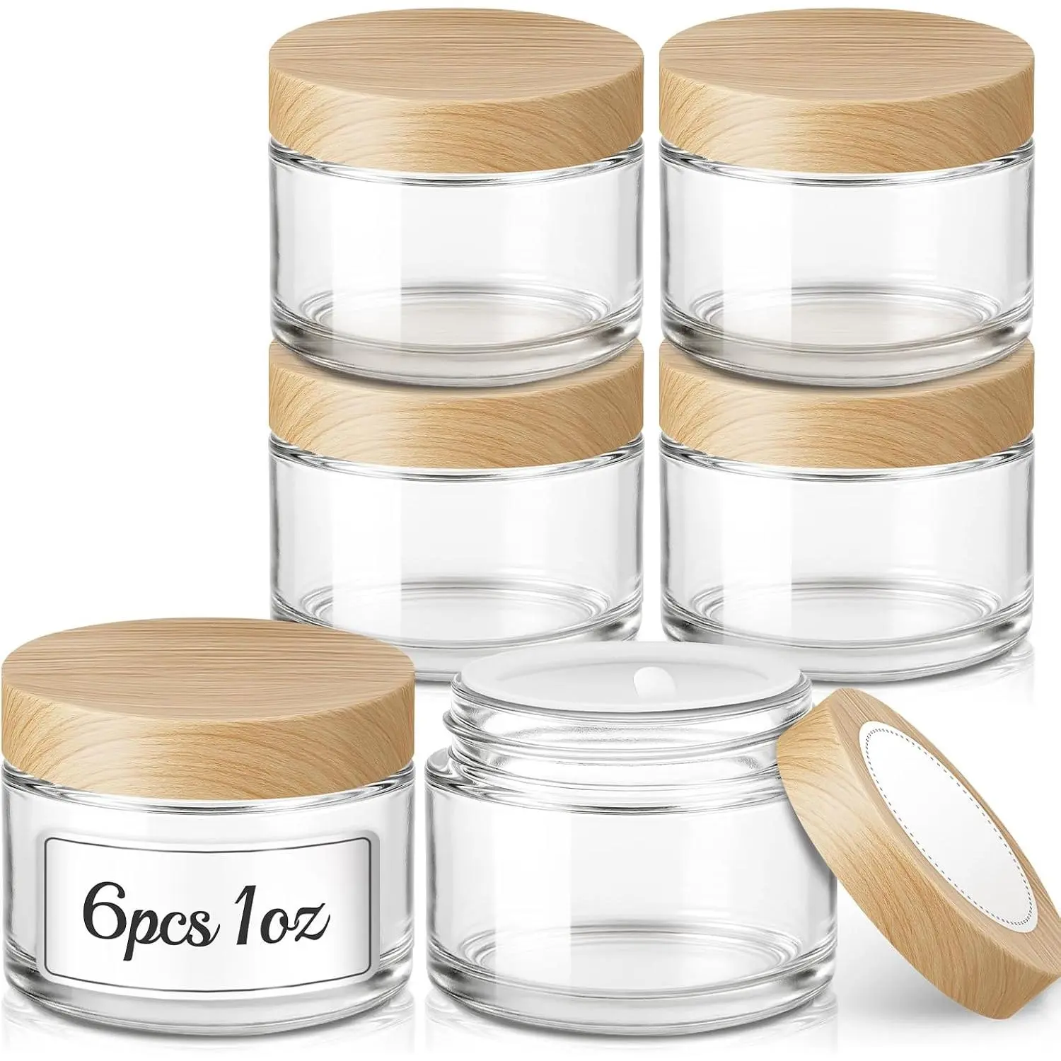 1oz Glass Jars with , 6 Pack Small Glass Jars with Plastic Woodgrain , Refillable Empty  Containers for , , Lip Balm