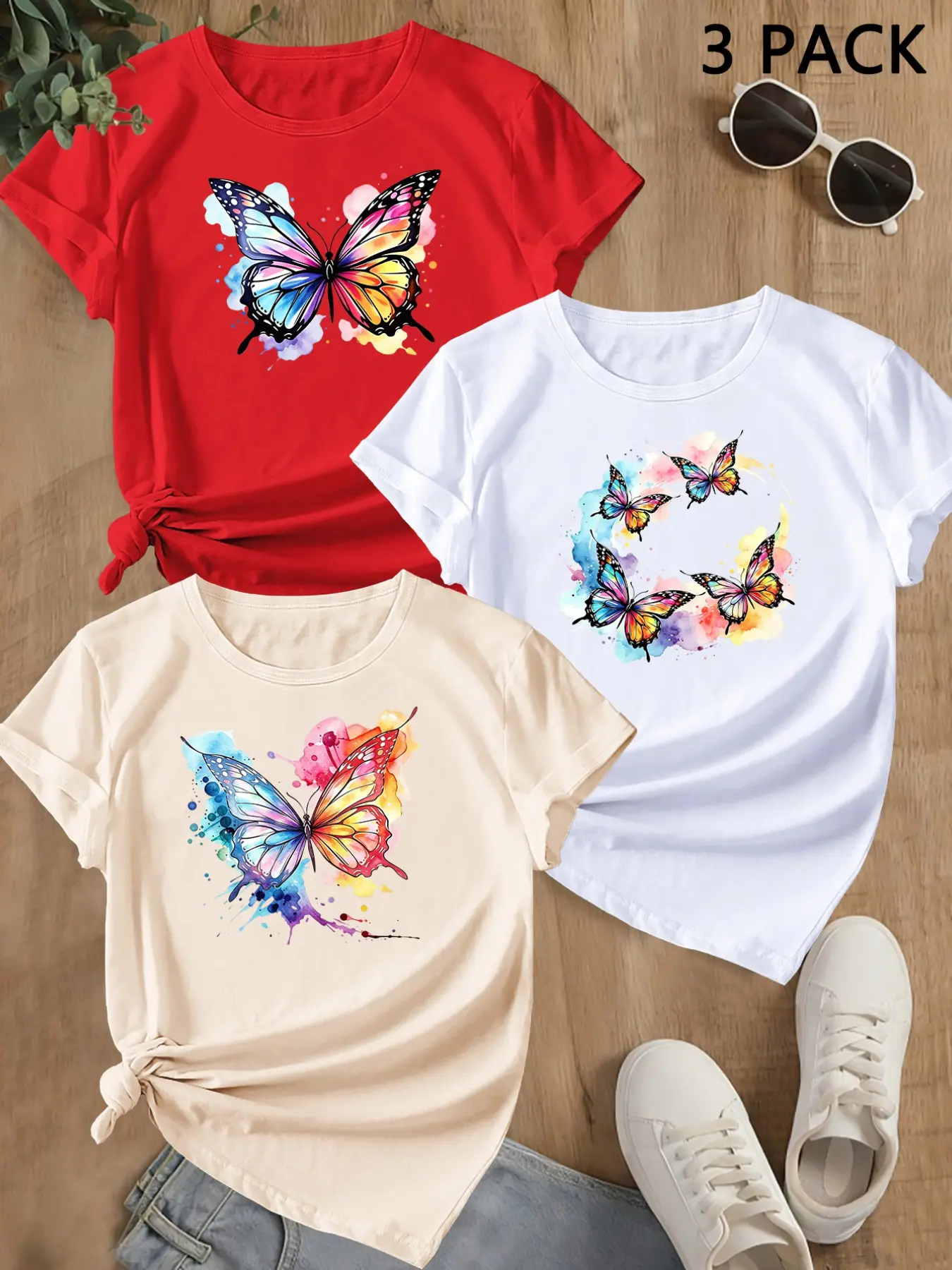 Summer Trendy Short Sleeve T-Shirt, Butterfly Print, Casual Loose-Fit, Round Neck, Comfortable, Perfect for Outdoor Activities