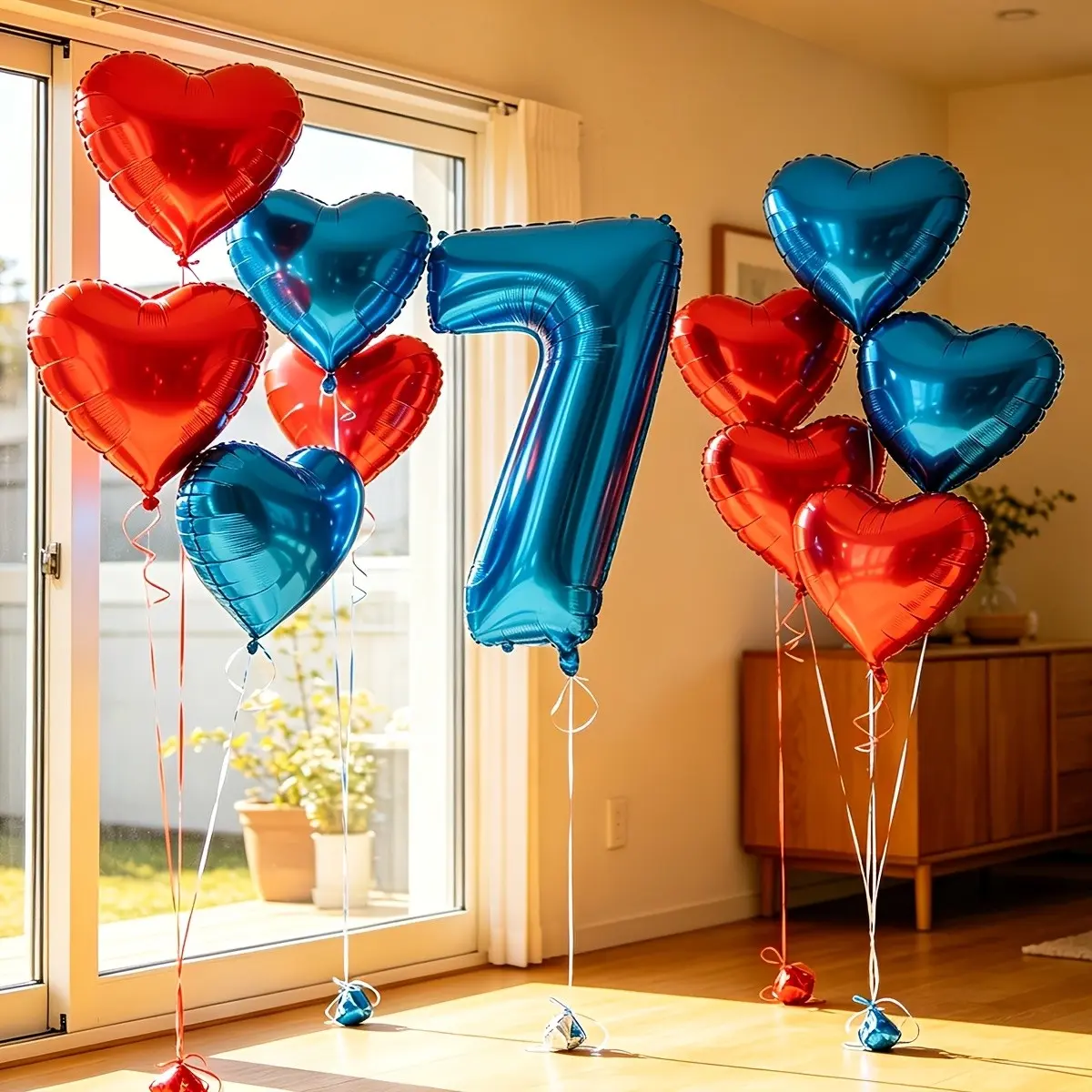 32inch Blue number balloon 7 digital balloon with red and blue heart balloons total 11pcs for boy 7th happy birthday party decorations anniversary 7 years party decorations hero theme party supplies