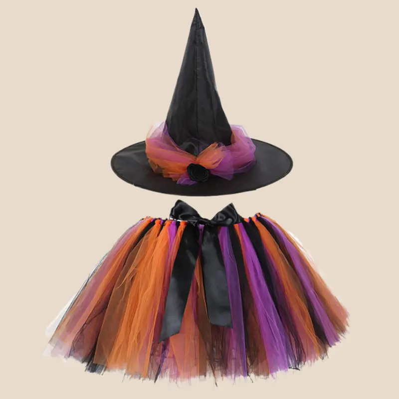 Halloween Witch Costume Garment, Fluffy Short Flared Tutu Dress, Breathable Cos Outfit with Broom for Ghost Festival Dress-Up Party Accessories, Loose, Cosplay