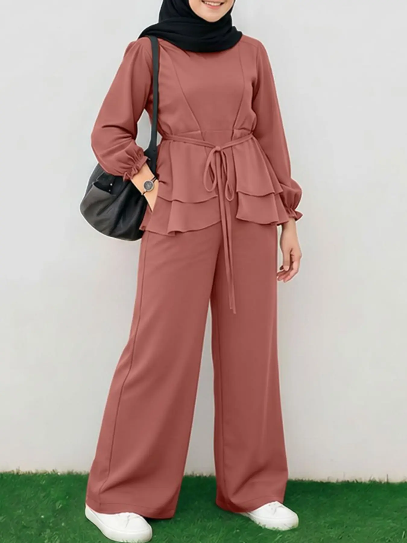 Women's Muslim Casual Commute Street Fashion Long Sleeve Ruffle Dress + Pants Matching Set, Two Piece Set Women, Plain Surface, Unlined, Lightweight (88.2g/m²) Outfit Sets Women
