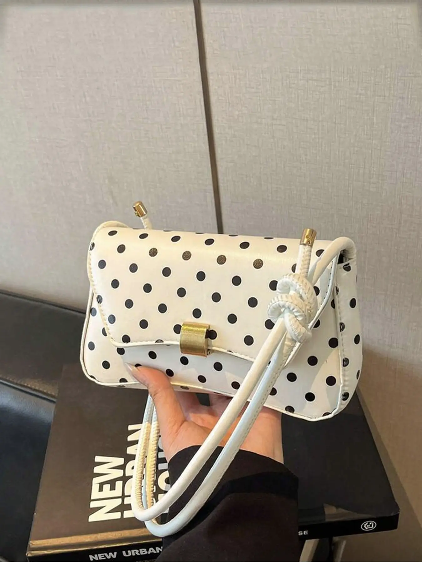 Polka Dot Embellished Shoulder Bag with Knot Double Italian Pasta Strap Gold Square Rotating Lock Flap Arc Mini Underarm Bag for Daily Use
