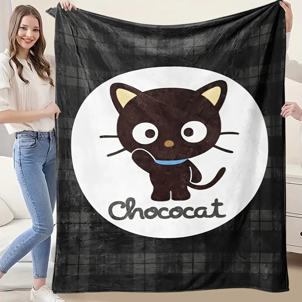 Chococat Waving Hello Black Tartan Plaid Circle Logo Flannel Throw Blanket Sanrio Cartoon Warm Blanket Gift Fans All Ages