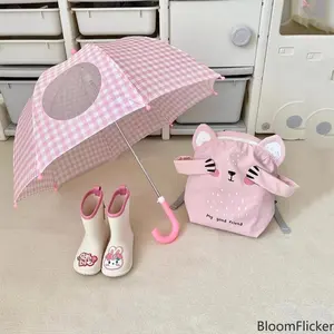 Cute Transparent Kids Umbrella, Japanese & Korean Vintage Plaid Design Windproof Rain Parasol for Little Girls, Lightweight Child Safety Dome Umbrella, Portable Rain Gear for Kindergarten Daily Outdoor Use