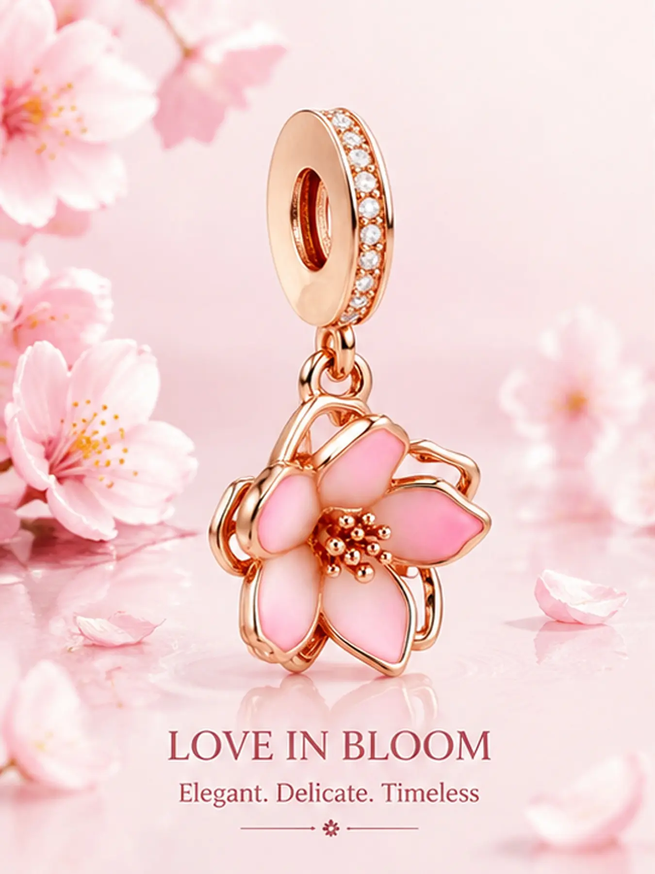 High-Quality Silver-Plated Rose Gold Cherry Blossom Pendant, Lovely Charms, DIY Jewelry Making Kit, Unique Minimalist Design, Perfect for Bracelets and Necklaces