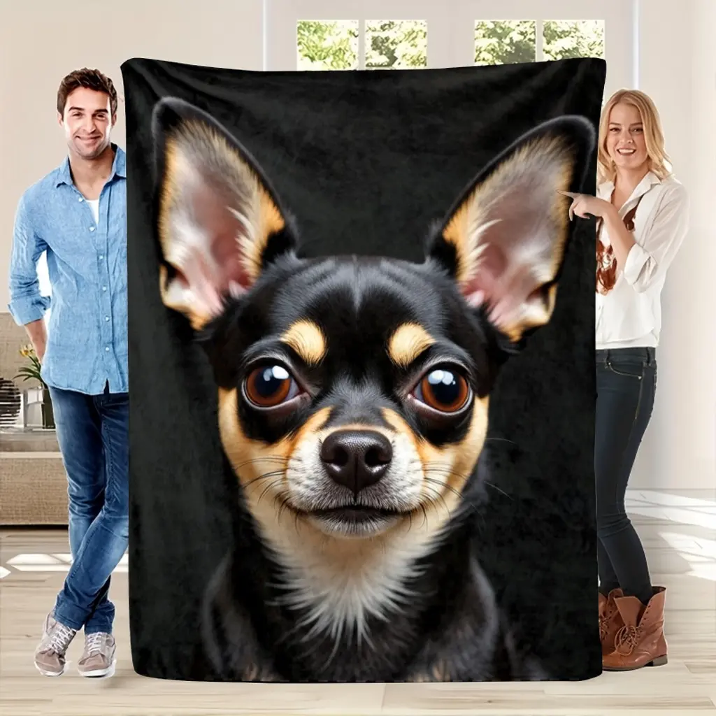 Chihuahua Flannel Blanket Soft Warm Dog Face Print Throw For Sofa Bed Office Camping Pet Lover Gift