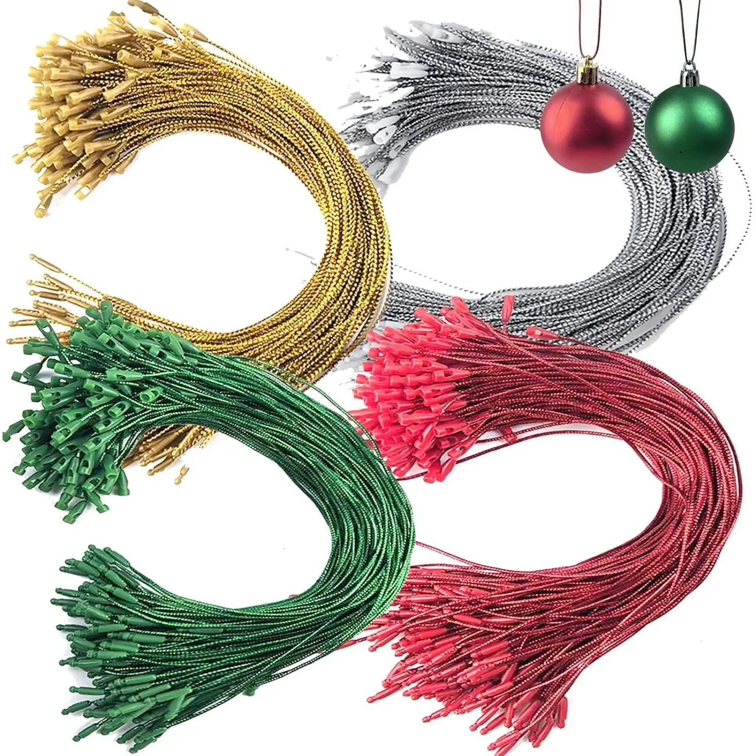 604PCS 8inch Christmas Ornament Hooks, Ornament Hangers with Snap Ornament String for Christmas Tree Holiday Party Hanging Decorations Ropes Easy and Fast Locking (Gold Silver Red Green)
