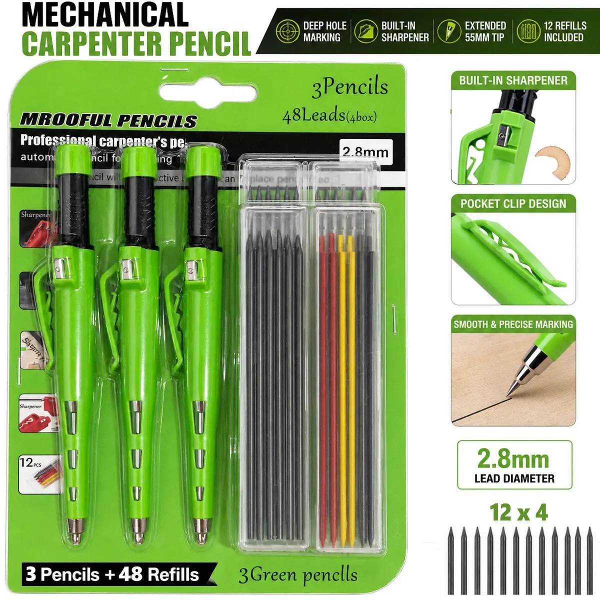 2.8mm Woodworking Automatic, Mechanical Pencil Cartridge Set, Pencil Lead, Suitable for DIY Handmade Gift Making Tools, Carpenters, Construction, Father's Gift, Office Supplies