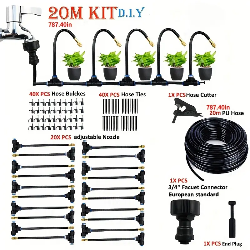 [20m] Universal Atomizing Micro-Drip Irrigation Kit with Adjustable 7.87-inch Spray Nozzle\ Automatic Watering System for Balcony Grese Gardening, Optional European/American Thread Standards, Flexible Rotatable Bendable Hose, Water Pressure Driven