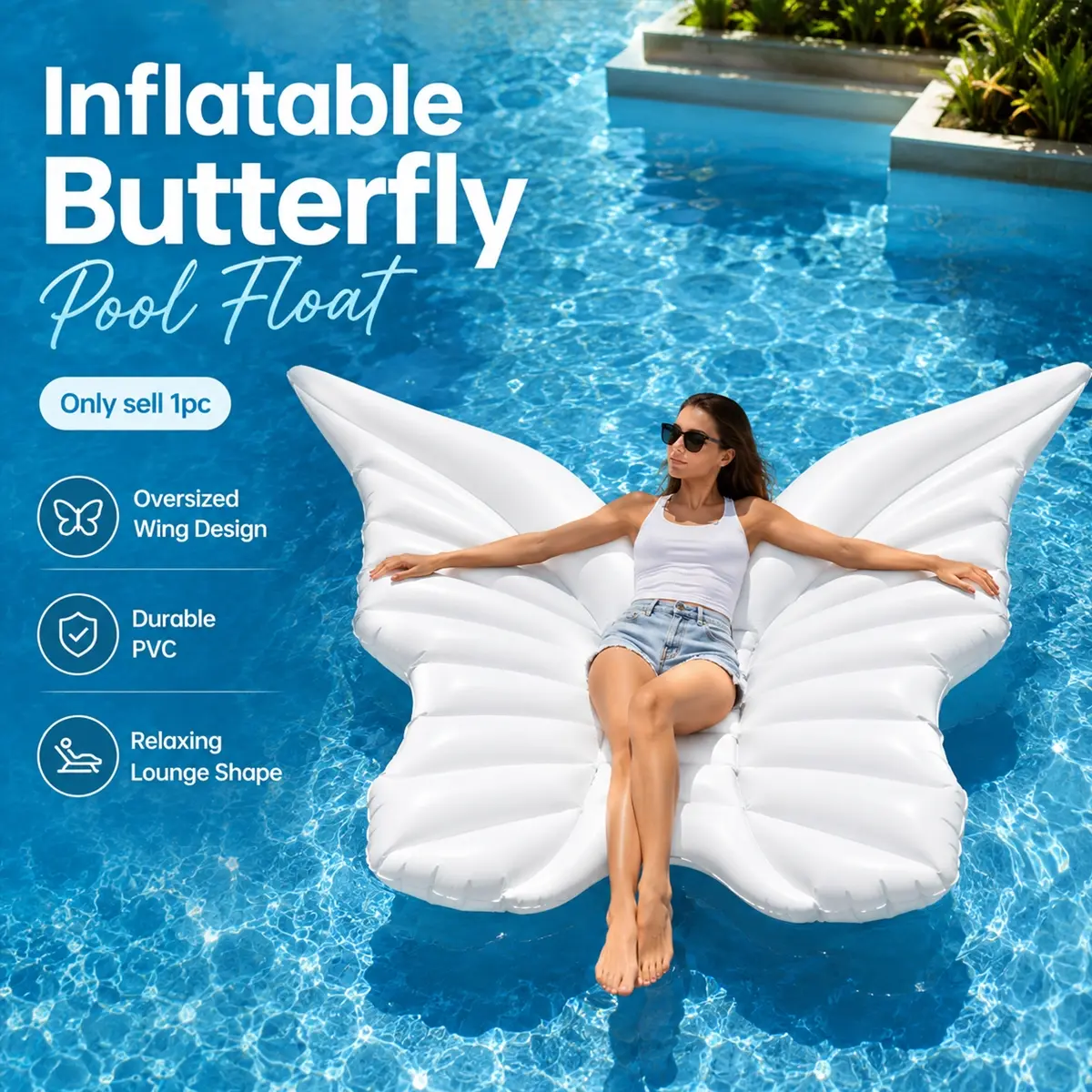 90.6in White Angel Wings Inflatable Pool Float for Adults, Giant Butterfly Wing Lounge Raft, Extra Large PVC Water Float with Quick Inflate,Floating beds on water, Relaxing Sunbathing Shape for Pool, Beach, Lake, Resort and Summer Vacation