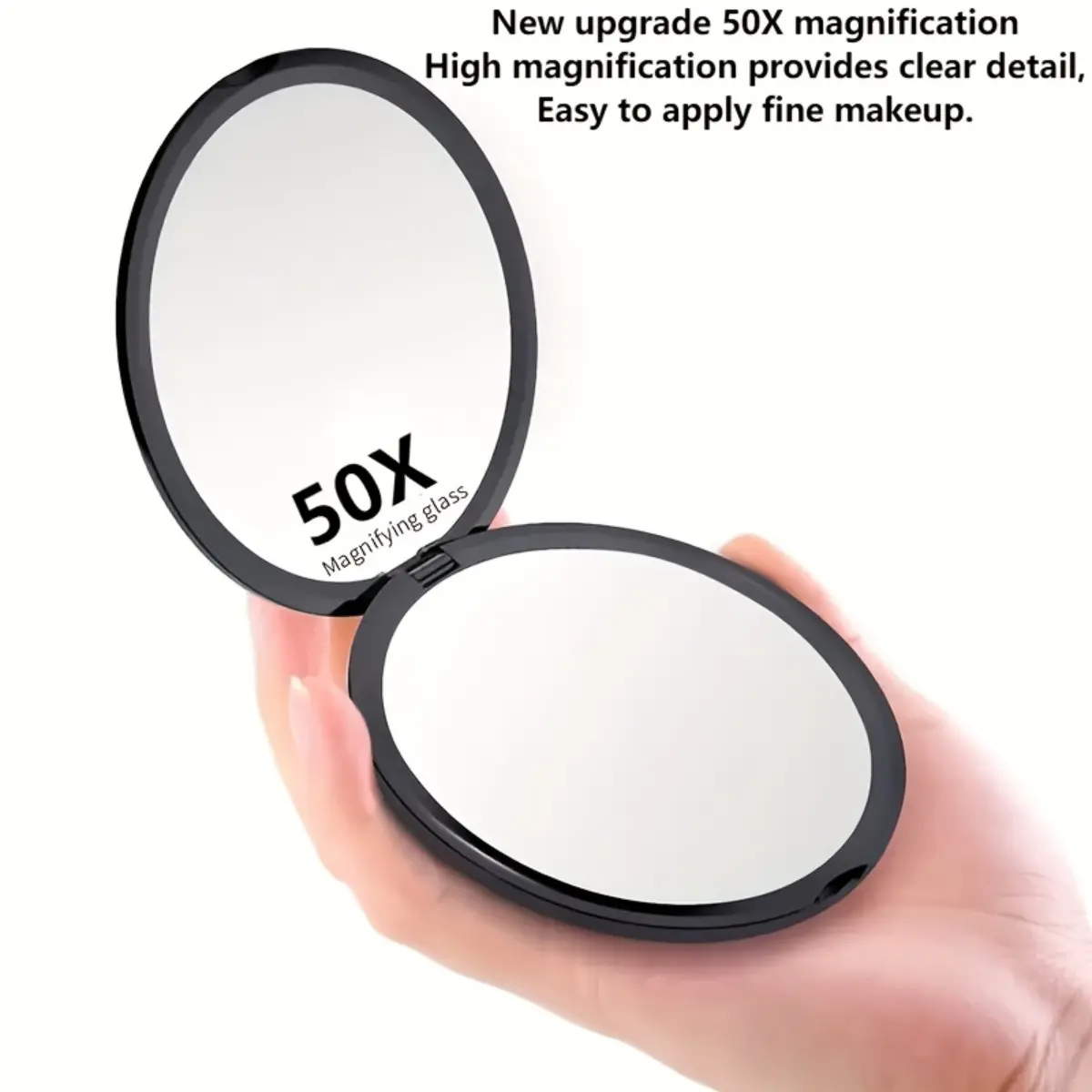 4 Inch Dual Sided Pocket Magnifying Makeup Mirror with 50X Magnification - Ultra Thin Portable Handheld Foldable Round Travel Mirror - Ideal Compact Glass Mirror for Precise Lipstick Application, Tweezing and Lash extension - Sleek Black & White Accent