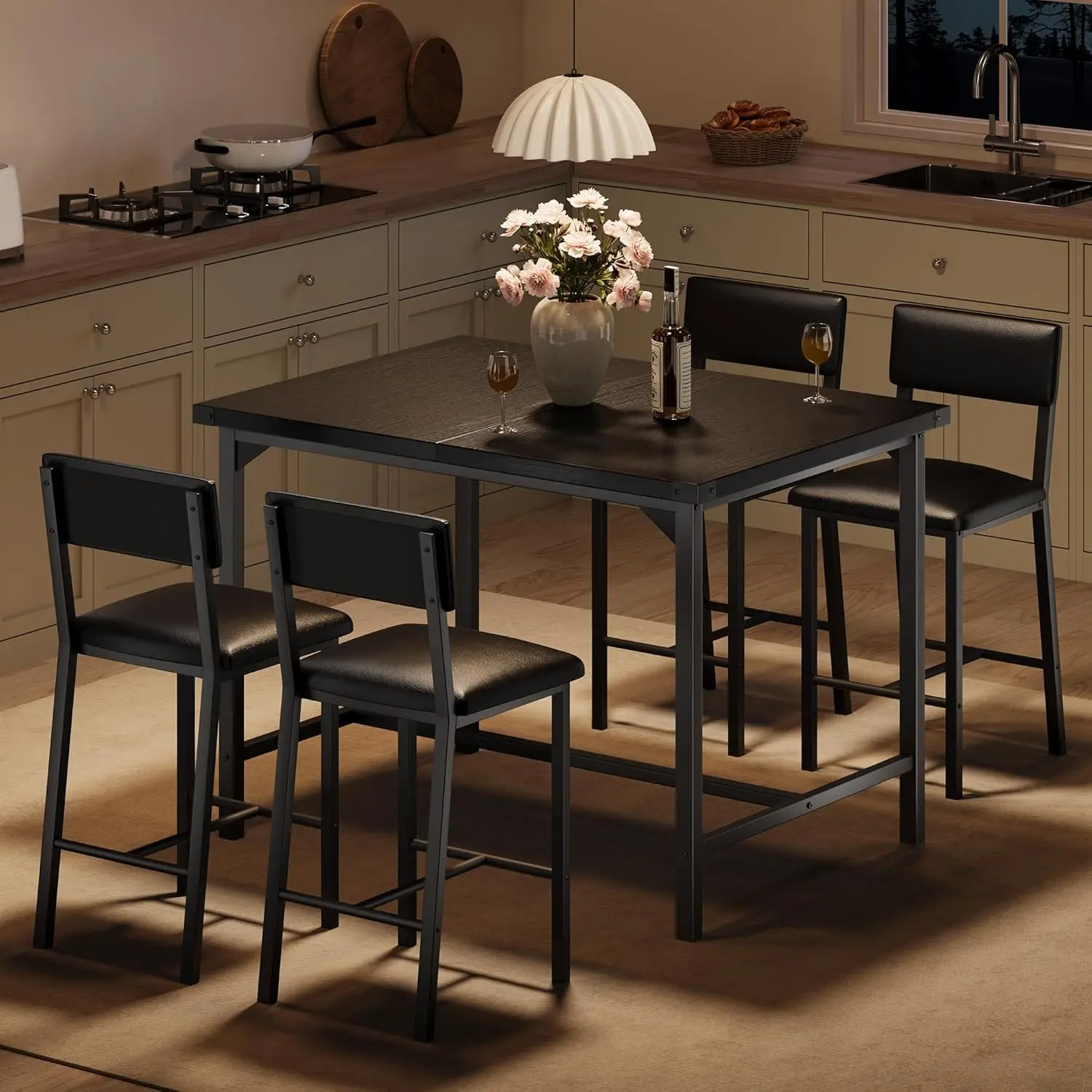 Black Rustic Small Space Counter Height Dining Room Table Set - 4 Sturdy Ergonomic PU Leather Metal Frame Bar Stools (15.6 in Wide Seats, Footrests, Backrests), 35.5x29.5" Table with Corner Guards, Easy Install