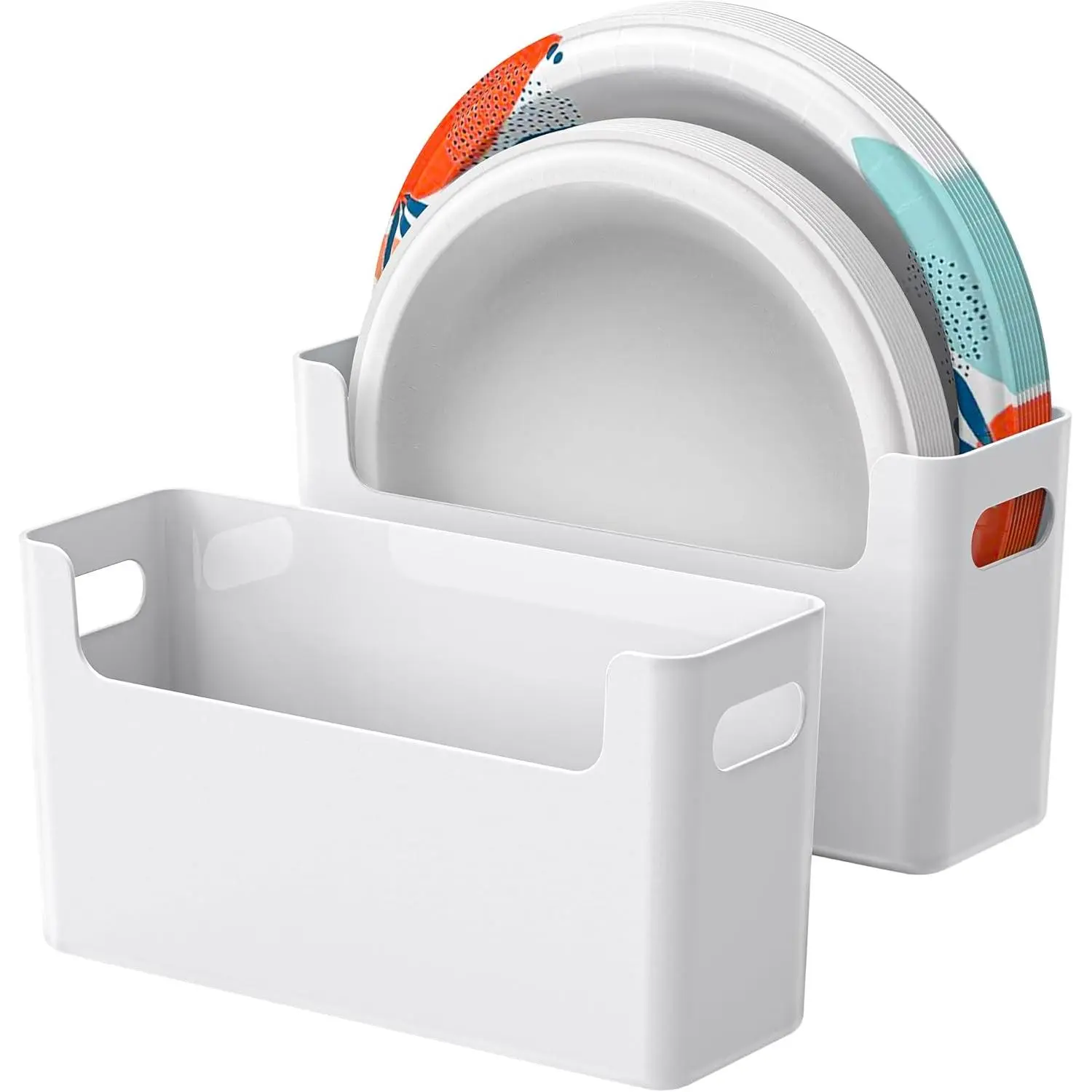 2Pcs Paper Plate Dispenser for 6-9.5 Inch Disposable Plates, Space-Saving Plastic, Foam and Paper Plate Storage Organizer for Cabinet, Countertop, RV or Outdoor (White)