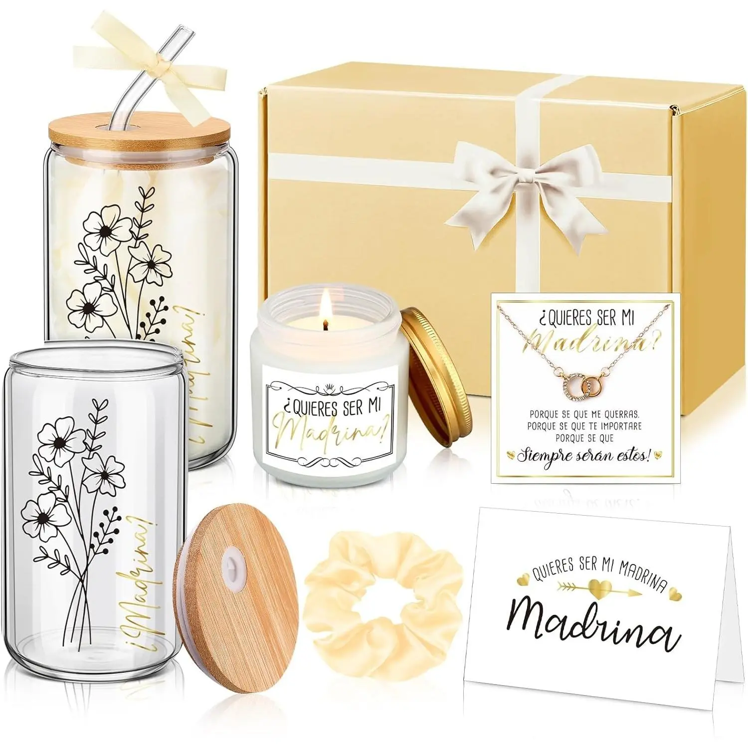 6 Pcs Godmother Proposal Gift Set, Will You Be My Godmother Gift Box, 16oz Glass Cup, Necklace & Scented Candle from Godchild for Baptism Mother’s Day Birthday(Spanish,Champagne)