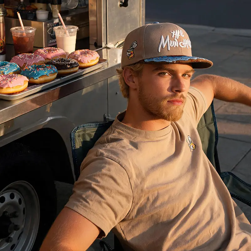 The Munchies Custom Embroidered Snapback Hat, Lightweight Flat Brim Cap with Food Spill Graphic, Fun Casual Style for Snack Runs, Engagement, Snapback Hats, Flat Brim Hats