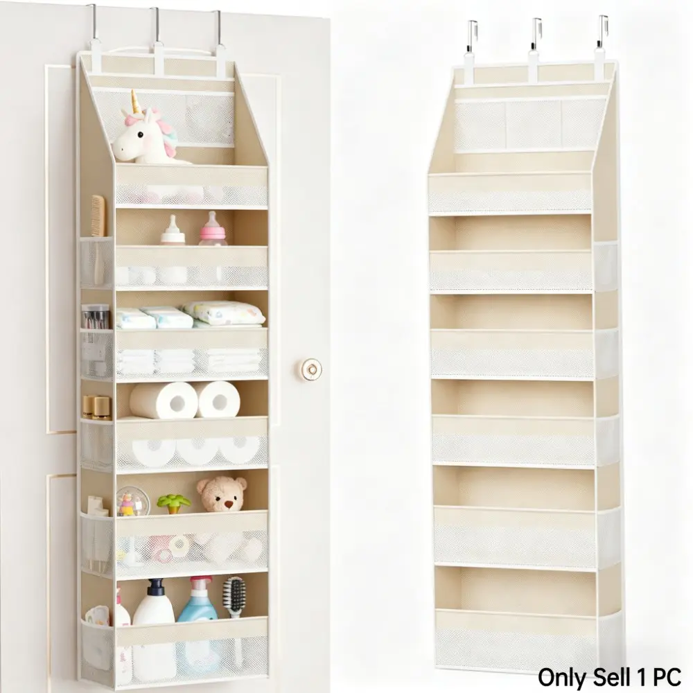 Over the Door Organizer, Storage Organiser, 6-Shelf Closet Hanging Storage with 13 Mesh Pockets, Fabric Compartments, 55lbs Capacity Behind the Door Space Saver Storage, Multi Purpose Storage for Baby Nursery, Bathroom, Bedroom, and Dorm