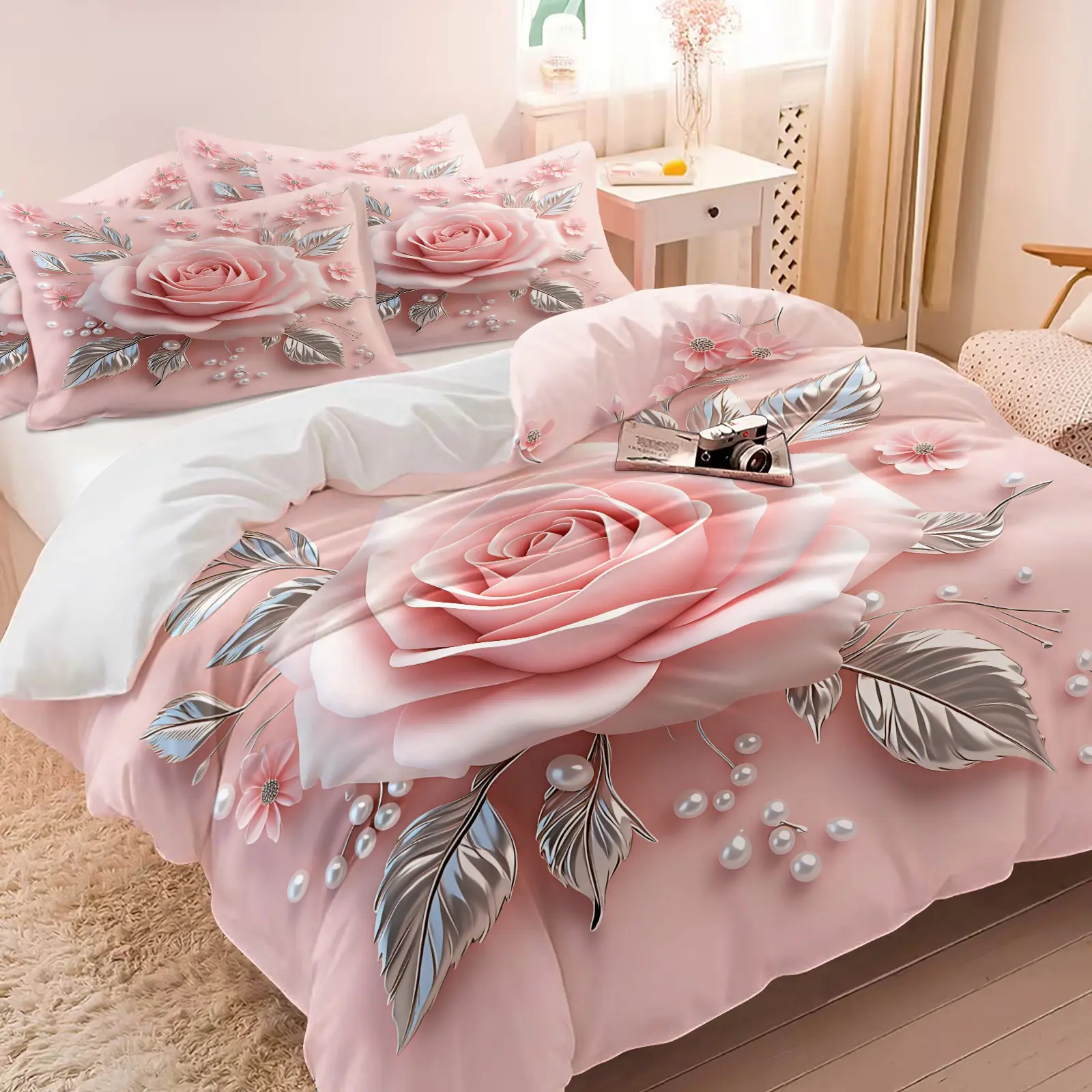 2/3Pcs Soft Pink 3D Rose Pearl Comforter Set Luxury Silver Metallic Leaf Floral Print Bedding Elegant Romantic Lightweight Duvet Set All Season Bed Set For Girls Wedding Bedroom Decor