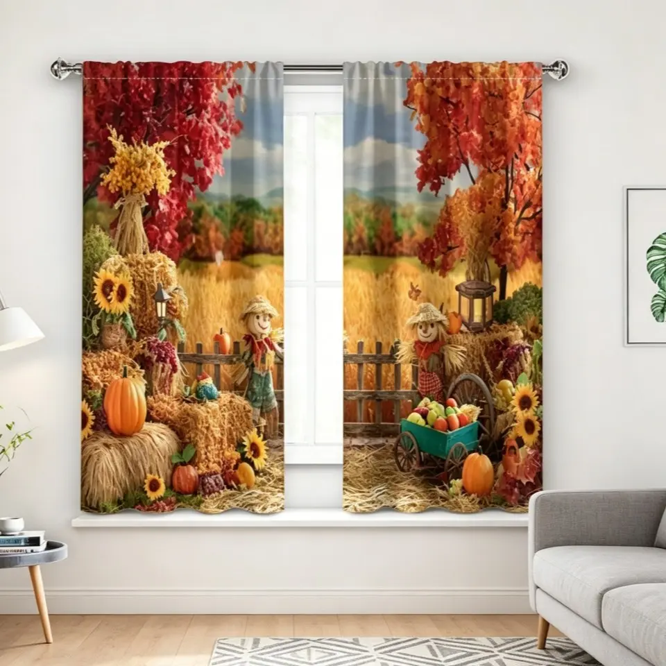 Autumn Harvest Pumpkin Floral Two-Piece Curtain, Polyester Decorative Curtain with Farm Scene Print, Fall Season Plant Theme, Window Drapes