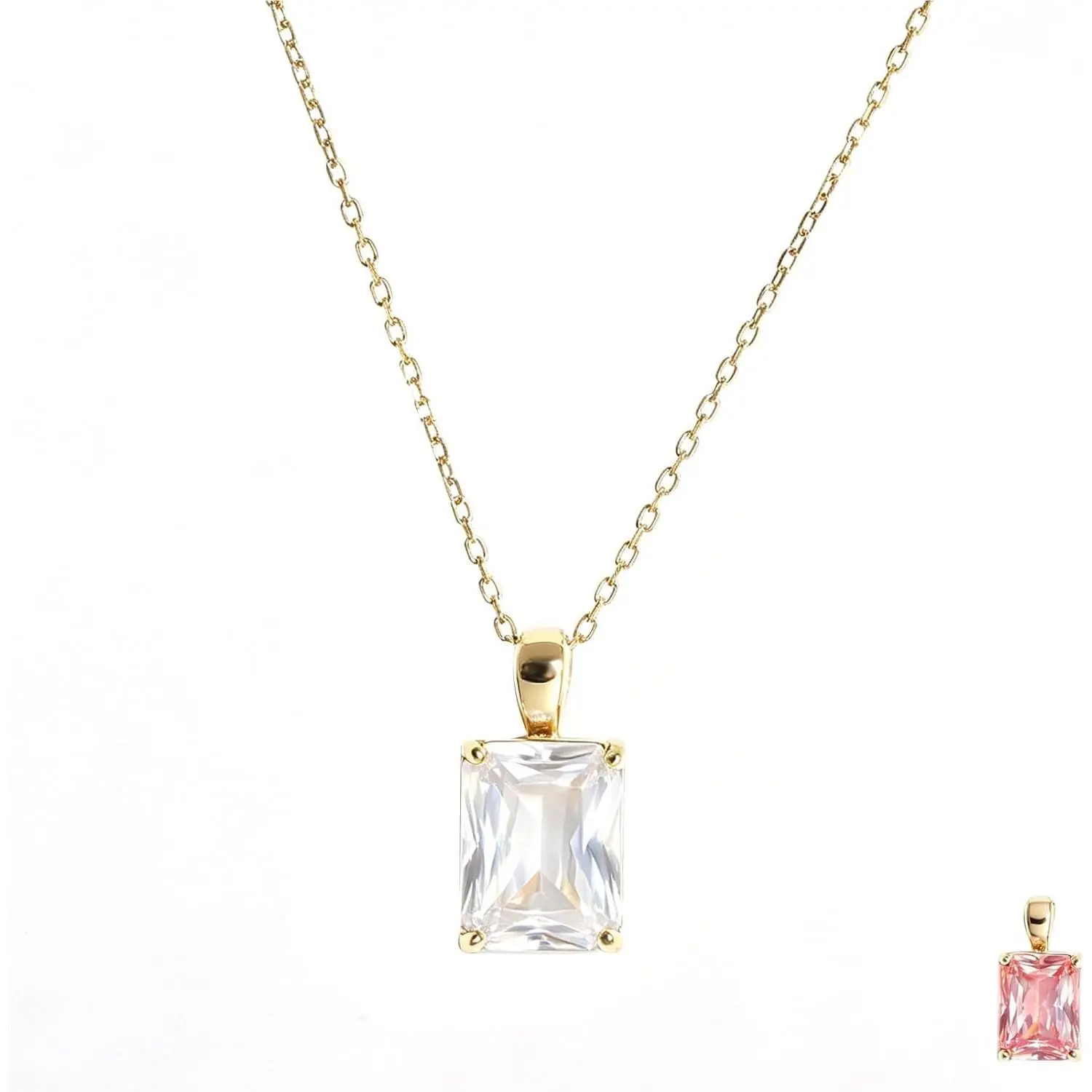 Dainty Rectangle Cubic Zirconia Pendant Necklace Color Change Synthetic Alexandrite Stainless Steel Solitaire Necklace for Women 14K Gold Plated