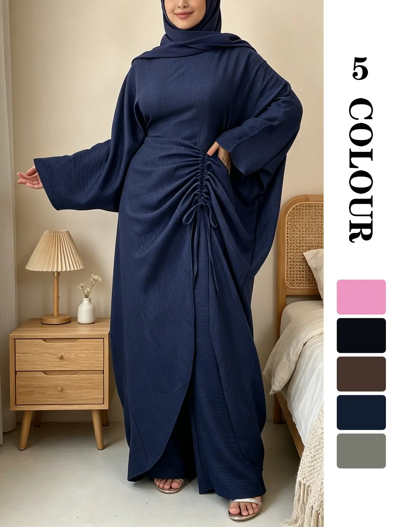 Muslim Modest Two-Piece Set, Crepe Texture Fabric, Batwing Sleeve Top with Side Drawstring & Elastic Waist Wide-Leg Pants, Available in 5 Colors & 5 Sizes, for Commute/Prayer/Dating (Hijab Not Included)