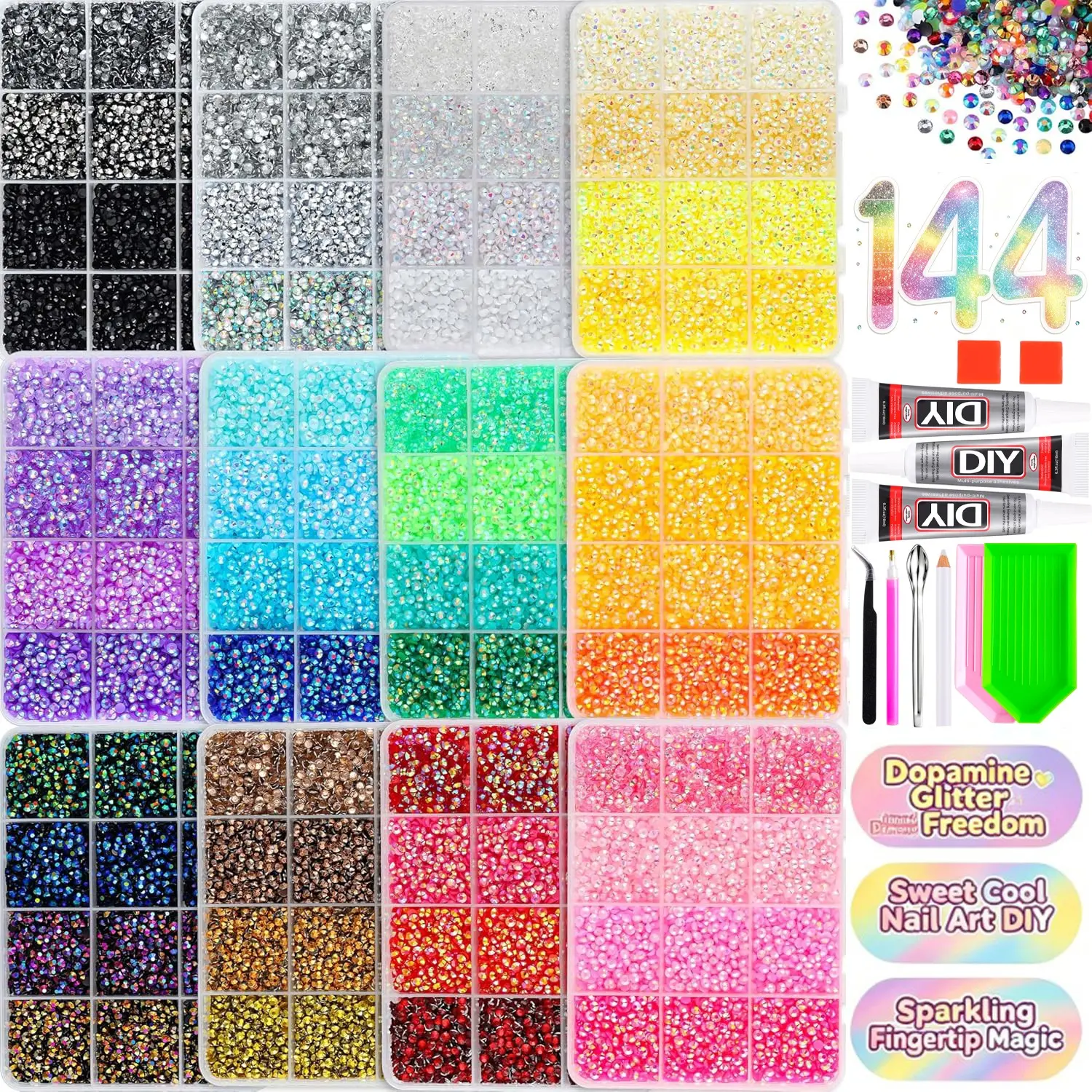 12Boxes-144 Colors Bling AB Dopamine Mini Semi-circular Rhinestone Bedazzling Kit 3mm New Creative Jelly Flatback Resin Nail Crystal Gems DIYTumblers Book Cover Nail Art Crafts Nail Art Kits