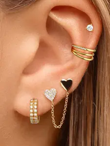 4Pcs Gold Plated Earrings Set Luxury Cubic Zirconia Heart Stud Chain Drop Hoop Earring Stack Set Party Jewelry
