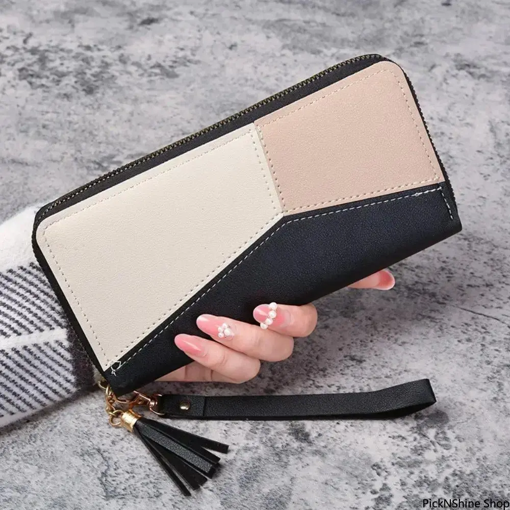 Women's Contrast Color Patchwork Long-Zipper Synthetic Long Wallet - Tassel Wristlet Phone Clutch, Large-Capacity Organizer with Multi Slots & Wrist Strap, Minimalist Casual Fashion Accessory (Wallets for Women), Faux Leather