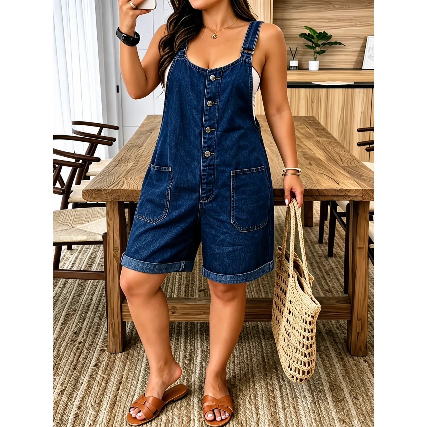 Women's Washed Cotton Denim Overalls - Breasted, Loose-Fit, Half-Sleeve, Above-Knee, Large Pockets, Cute Tooling Shoulder Straps, Casual Basic Multi-Size Women's Suits & Sets