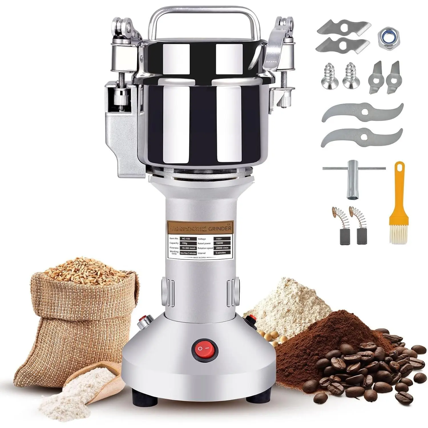 150g High Speed Electric Grain Mill , 1500W 110V Stainless Steel Flour Mill Makes Gluten Free Flours, Grain Mill for  and Commercial Use