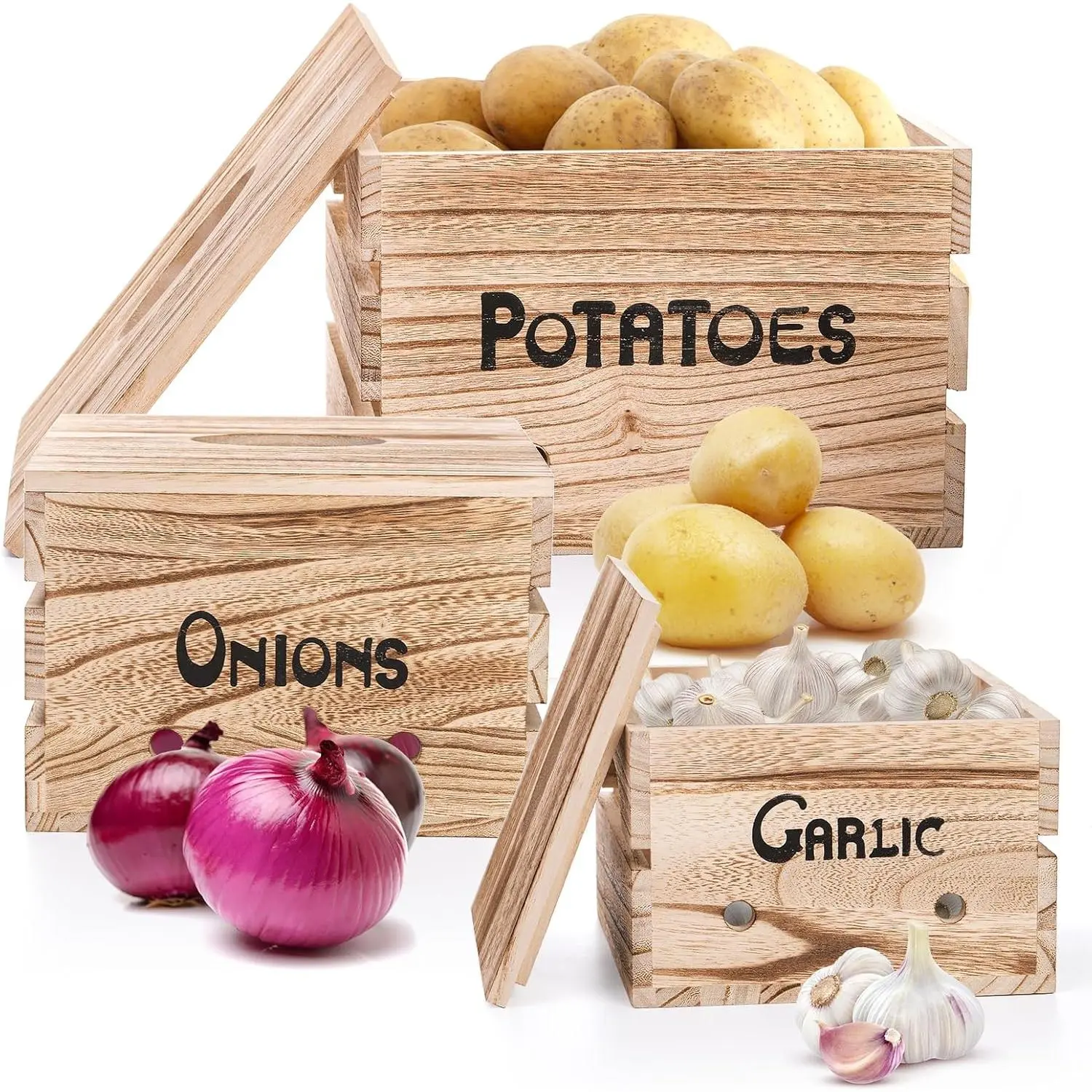 Frcctre 3-Pack Paulownia Wood Vegetable Storage Organiser Boxes - Torched Finish Stackable Bins, Ventilated Lids, Aerating Holes, Varied Capacity, Airtight Seals, for Pantry Organization, Farmhouse Kitchen Food Storage Containers, Three Sizes