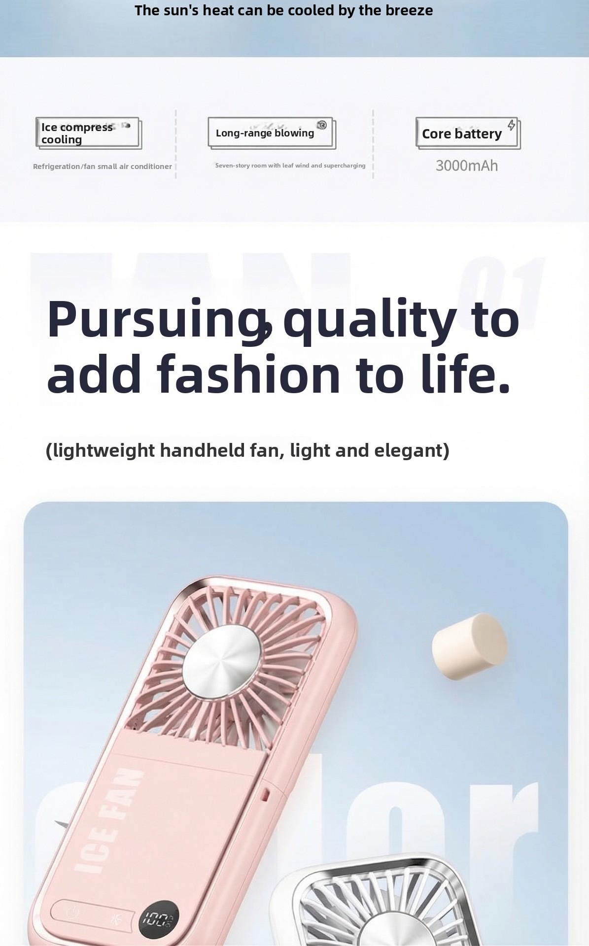 tylish and versatile personal fan with digital display, foldable design, and dual-use for neck hanging or handheld. Built with ice compress cooling technology, USB rechargeable, ultra-portable for outdoor, travel, office and daily use. Low noise, strong w
