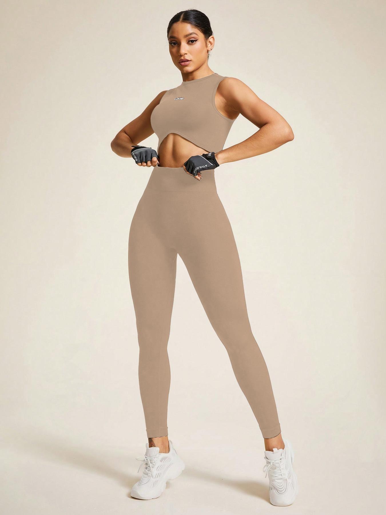 Two-piece Women's Letter Pattern Crop Tank Top & High Waist Leggings Set, Casual Comfy Breathable Seamless Skinny Sportswear for Yoga Gym Workout Running, Ladies Sportswear for All Seasons