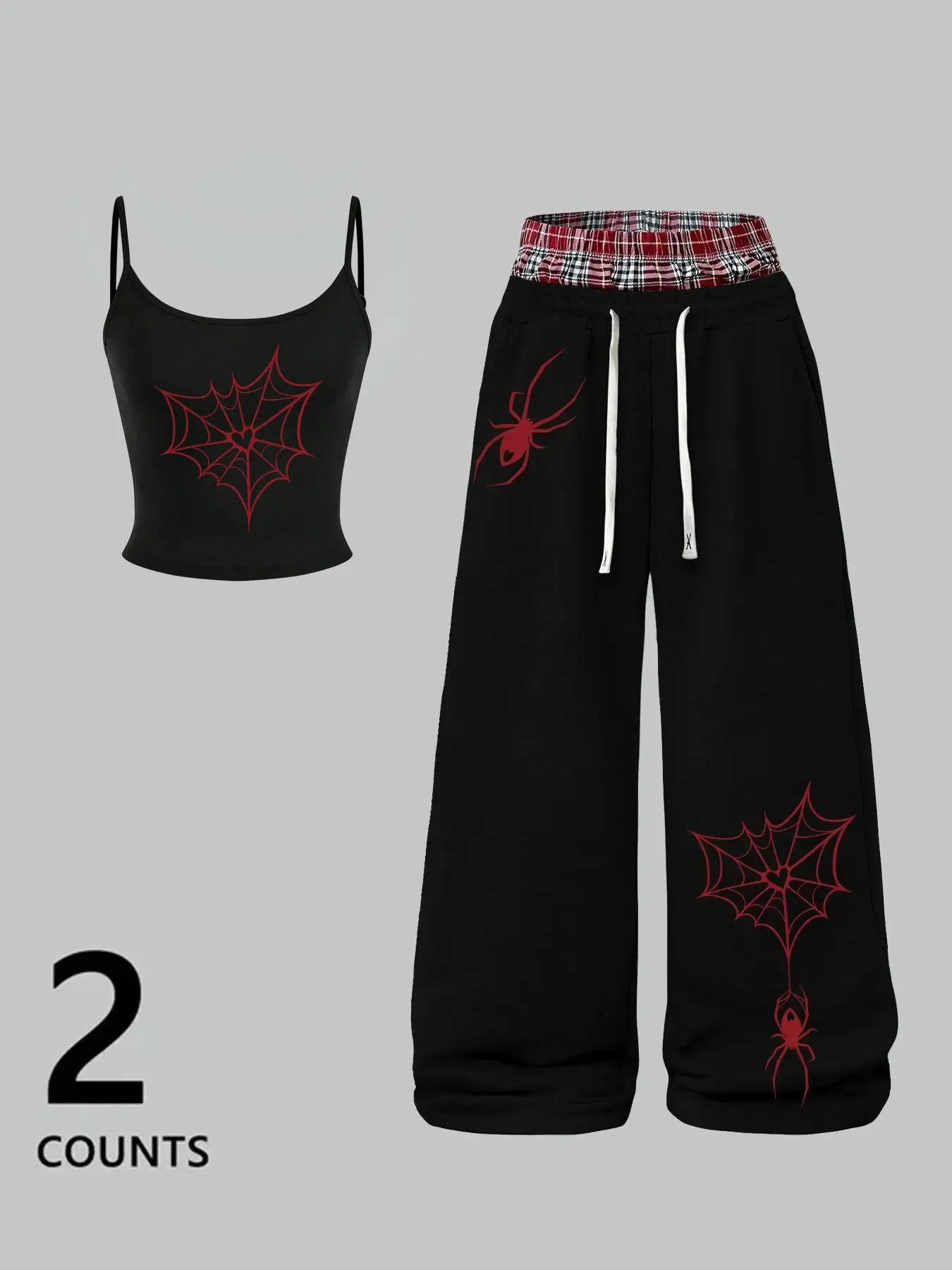 Women's Two-Piece Summer Sports Set, Sleeveless Tank Top & Loose Long Pants, Spider Print, Gym & Daily Wear, Fashionable Choice