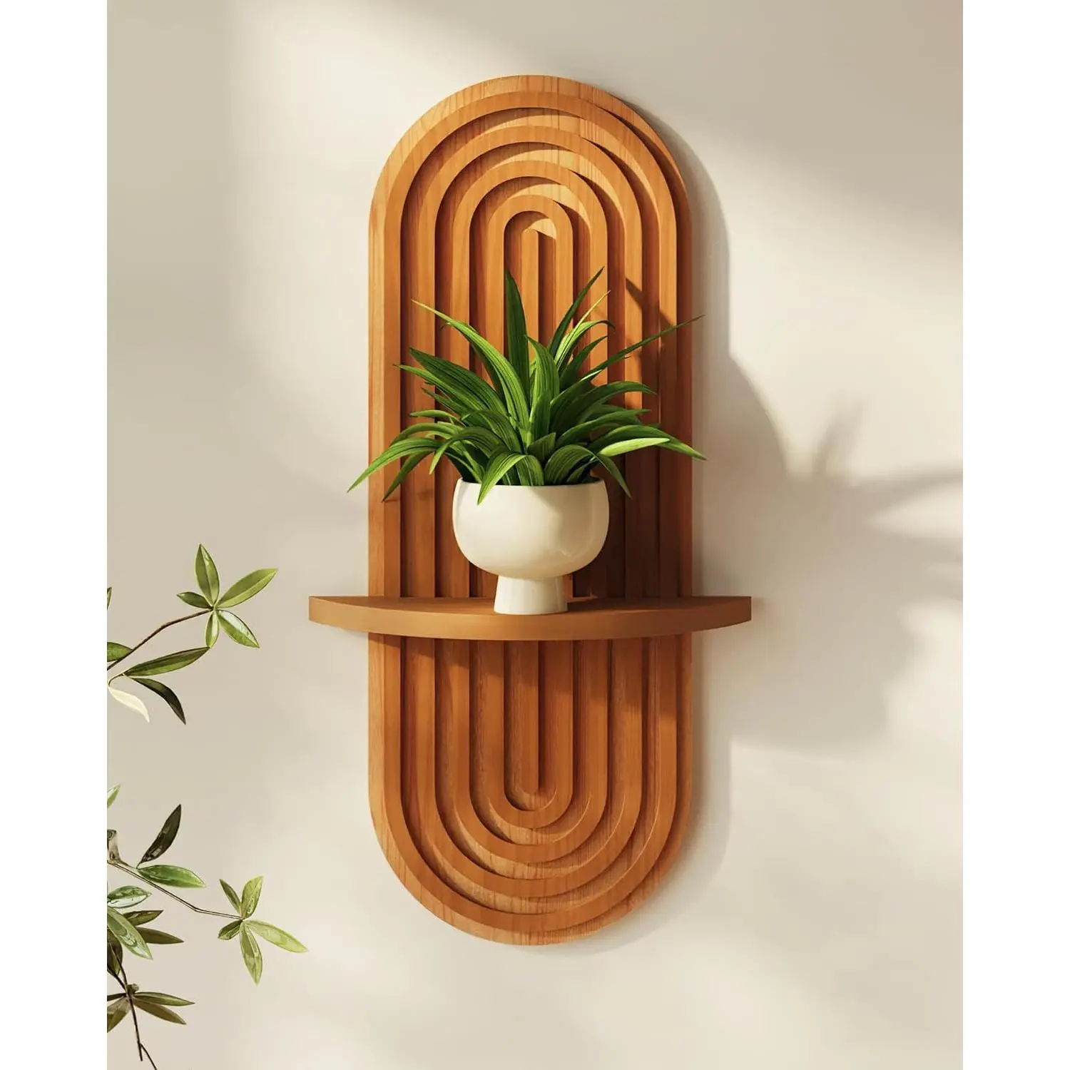 Boho Wall Decor Brown Plant Wall Shelf, Mid Century Modern Decor Hanging Plant Shelf, 1-Tier Bamboo Floating Shelves for Home Bathroom Bedroom Living Room Holding Planter Decoration Brown