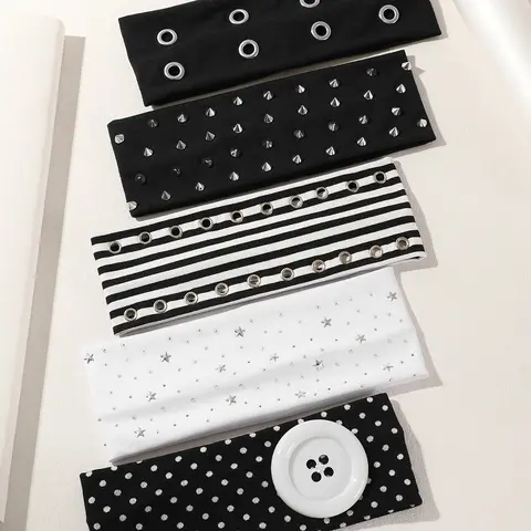 5pcs Punk Style Rivet Star Headbands for Women, Striped Elastic Hair Bands, Millennial Chic Polka Dot Button Sports Face Washing Headbands