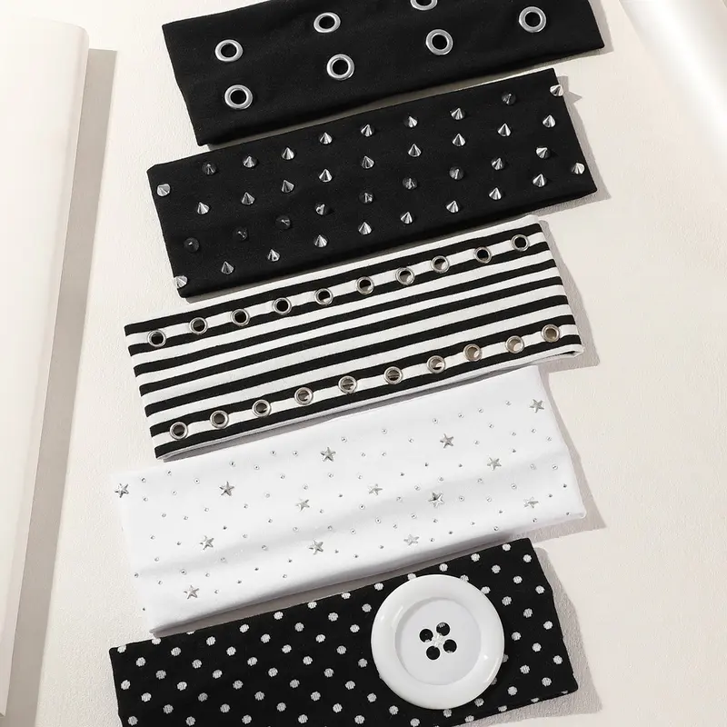 5pcs Punk Style Rivet Star Headbands for Women, Striped Elastic Hair Bands, Millennial Chic Polka Dot Button Sports Face Washing Headbands