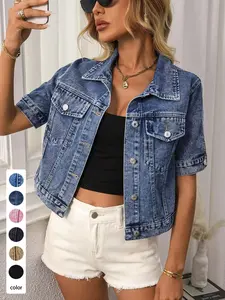 Women's Classic Short Sleeve Denim Jacket, Casual Single Button Short Denim Coat with Pockets, Stylish and Comfortable Outerwear